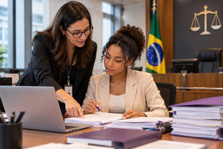 Estagiária de Direito recebe orientação de servidora durante estágio no TRT