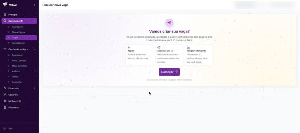 Tela de publicação da primeira vaga de estágio na Vehlor, com descrição gerada por IA e triagem